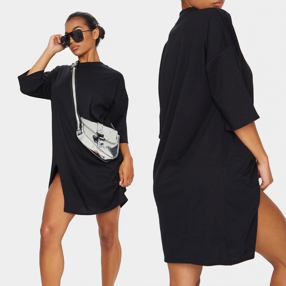 PRETTYLITTLETHING Black Split Oversized Boyfriend T Shirt Dress size 6
